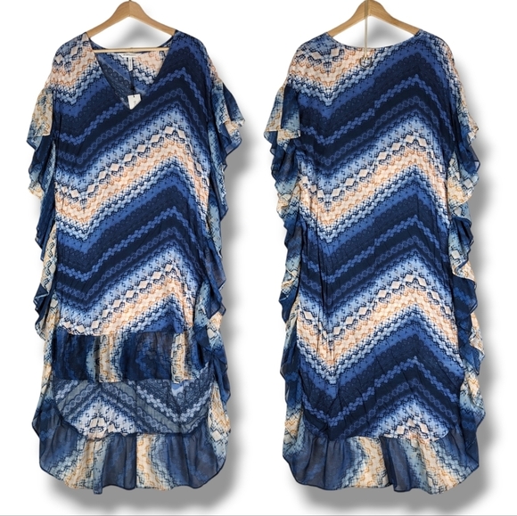 BCBGeneration Shibori Midi Dress Kaftan Medium Blue White Gold TieDye Breeze NWT - Picture 1 of 16